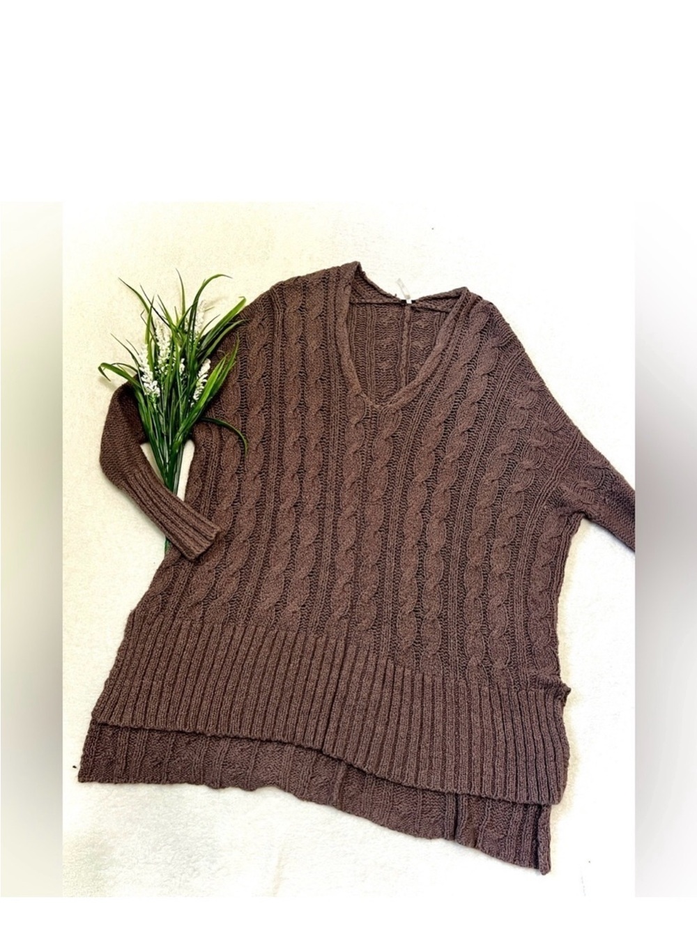 Free People Mocha Easy Cable V-Neck Sweater XS